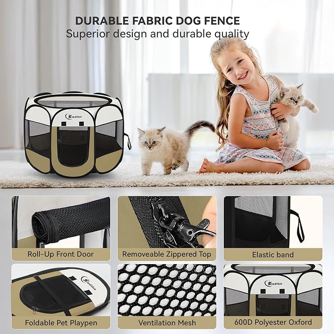 Dog Cat Playpen, Small Puppy Pet Playpen, Dog Crate Tent Cage Indoor/Outdoor, Portable Pop Up Dogs Kennel Playpen with Carrying Case for Dogs/Cats/Rabbits(Khaki, Small)
