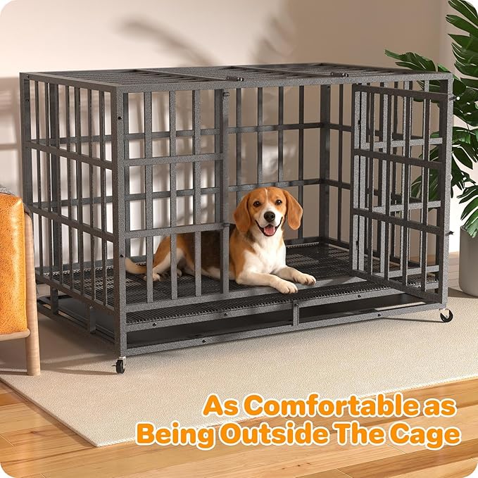 42 Inch Heavy Duty Dog Crate, Indestructible Escape-Proof Dog Kennel for High Anxiety Large Dogs, Strong Metal Pet Cage with Double Doors, Lockable Wheels & Removable Tray, XL XXL XXXL