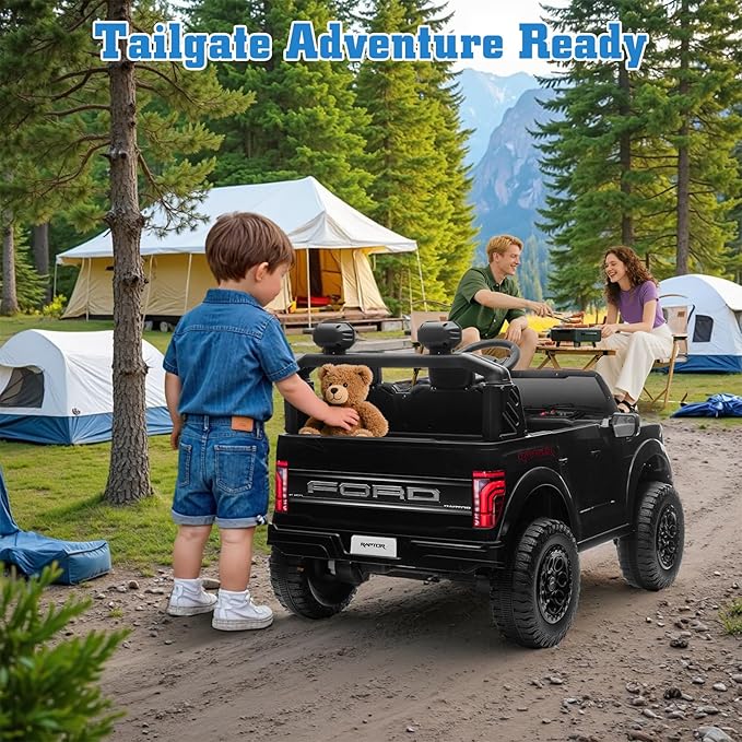 24V Ride on Car Licensed Ford F-150 Raptor, Kids Electric Car with Remote Control, LED Light/Music/MP3, Truck Bed Storage, 3-Point Seat Belt (24V, Black)