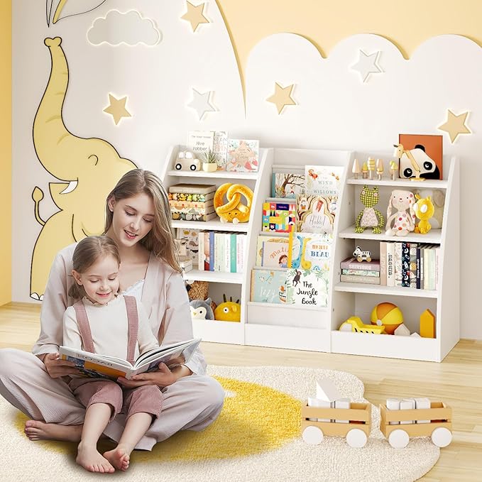 4 Tier Kids Bookshelf, 4 Layer Sling Kids Book Shelf for Kids Rooms, XXL Wood Children Bookcase,Baby Storage Book Rack,Toddler Bookshelf, Book and Toy Organizer,Book Display Shelf for Bedroom, Nursery