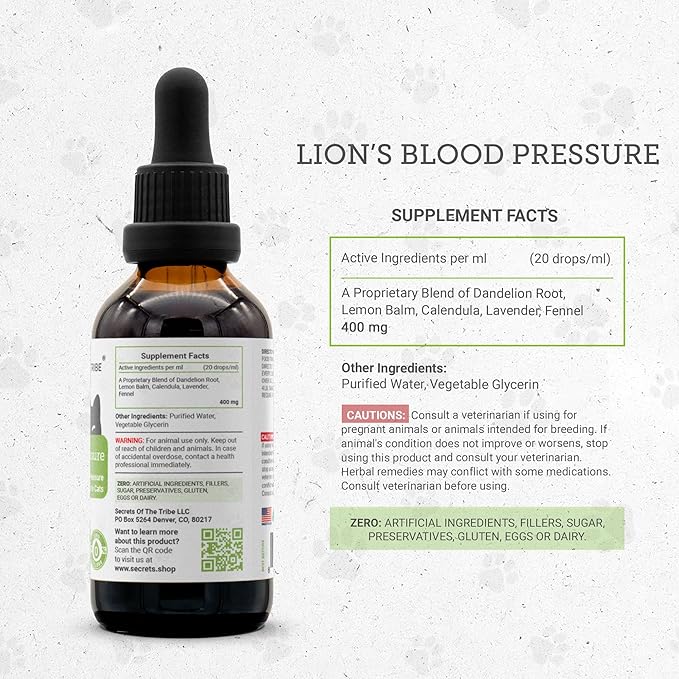Lion's Blood Pressure | Natural Herbal Dietary Supplement for Cats | Healthy Blood Pressure Support in Cats | Alcohol-Free Extract, Dandelion Root, Lemon Balm, Calendula, Lavender, Fennel 2 oz