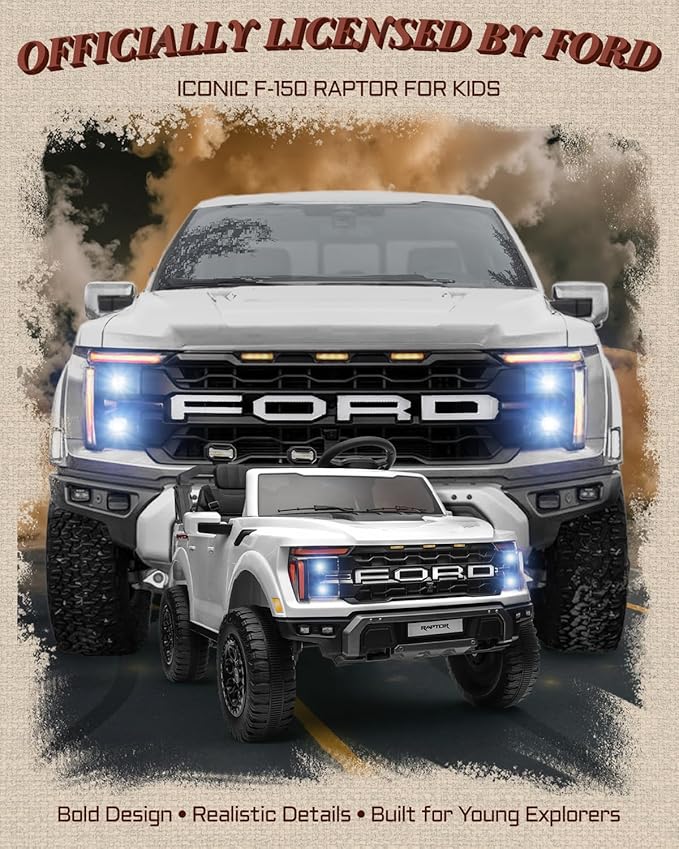 24V Kids Ride On Truck, Licensed Ford F-150 Raptor 2 Seater Electric Car w/Remote Control, Toddler Ride On Car Toys w/LED Lights, Bluetooth, Music, Truck Bed Storage, Soft Start (White)