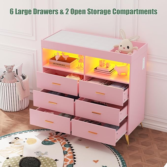 GarveeHome Dresser for Bedroom with 6 Drawers, Baby Changing Table Dresser with Changing Pad, LED Lights & Charging Station, Baby Changing Station with Changing Table Top, Pink