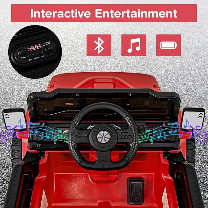 Costzon 12V Kids Ride on Truck Car, Electric Vehicle w/Remote Control, Threaded Wheels, 3 Speeds, LED Lights, Music, Horn & Wireless Connection, Battery Powered Ride on Toy for Boys & Girls 3+ (Red)