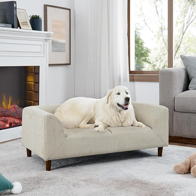 Pet Sofa with Backrest and Armrests,Modern Rectangular Pet Sofa Suitable for Small and Medium Dogs,Soft Cushion Comfortable Dog Sofa for Living Room,Beige