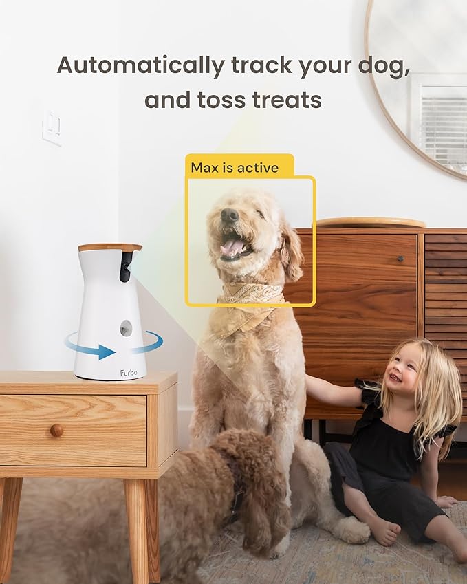Furbo 360° Dog Camera + Power Adapter: Pet Cam w/Barking Alerts, Rotating View, Treat Toss w/Phone App, Puppy Monitoring, 2-Way Speaker, No Subscription Needed. Standard See, Talk, & Toss Features