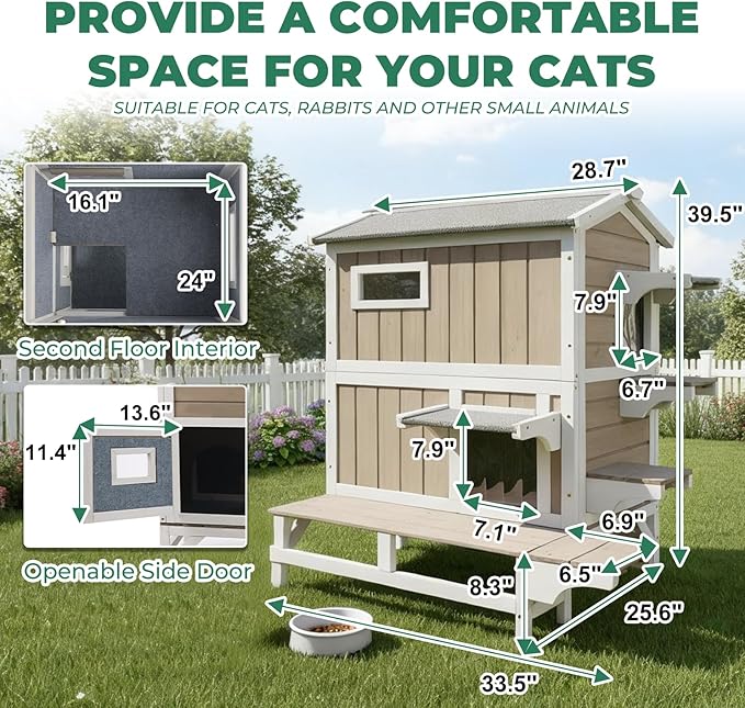 Insulated Cat House for Winter, Wood Two Story Outdoor Cat House Weatherproof with Cat Scratching Cloth, 3 Jumping Platforms, 3 Doors, Outside Indoor Clawsable Feral Cats Shelter for Small Animals
