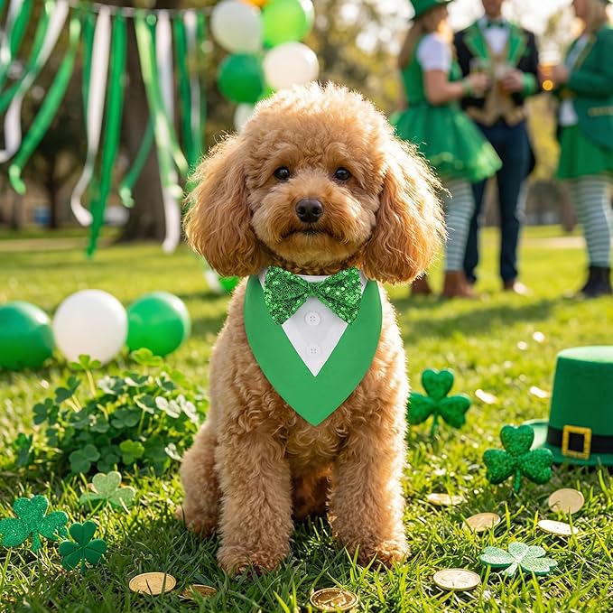 ADOGGYGO St.Patrick's Day Dog Tuxedo Bandana, Green Pet Tux Collar with Bowtie Adjustable St Patricks Costume for Small Dogs Pets (S)