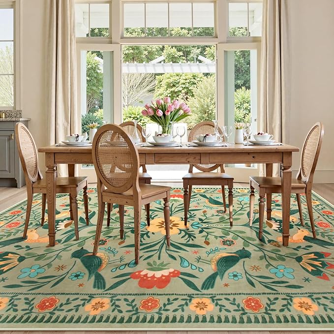 Moynesa Area Rugs 9x12 Living Room Washable, Ultra Thin Soft Boho Bird Bedroom Rug Easy Clean, Low Pile Indoor Multi Color Large Sage Green Carpet for Dining Room Kid Playroom Nursery