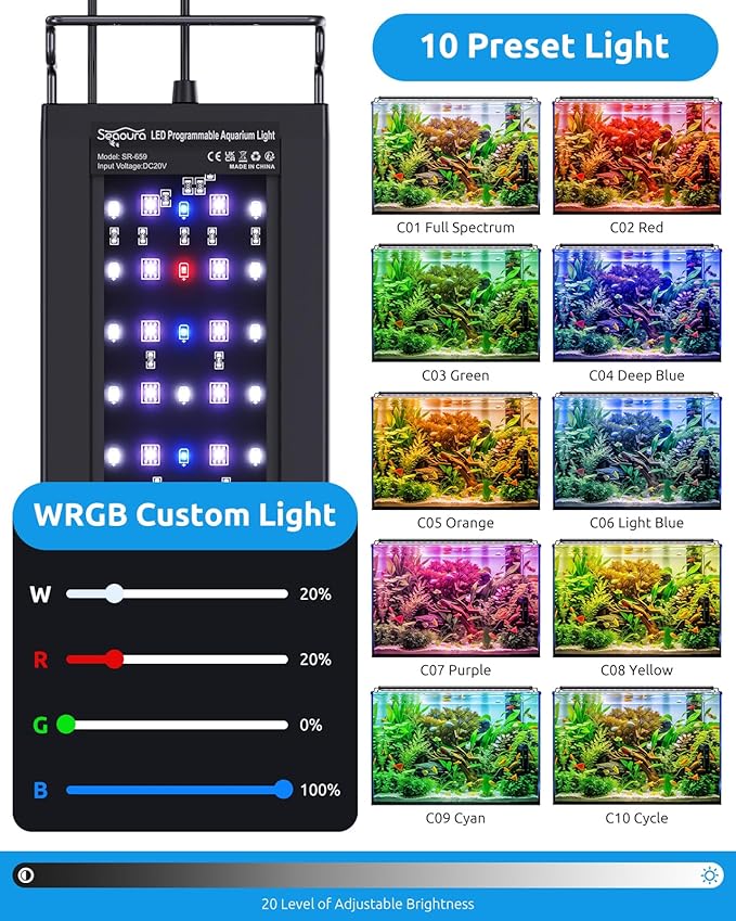 SEAOURA Aquarium Plant Light with Temperature Detector, 18-24in Full Spectrum Fish Tank Lights, 24/7 Programmable with Power Off Memory, WRGB Custom, 20 Level Dimmable for Freshwater Aquariums