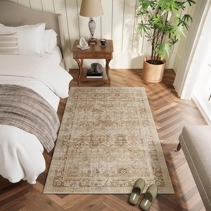 Washable 3x5 Entryway Rug Indoor, Boho Non-Slip Silicone Backing Small Rugs for Kitchen Nursery Office Bedroom, 0.3" Neutral Oriental Throw Carpet with 0.16" Cushioning Pad, Brown/Multi