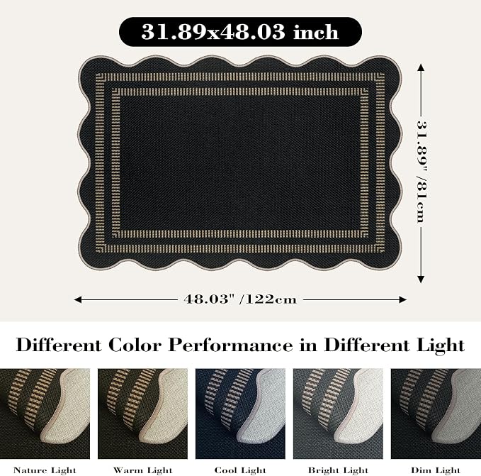 Scalloped Easy Jute Black Rug, 2.6x4 Front Door Washable Door Mat Non Slip