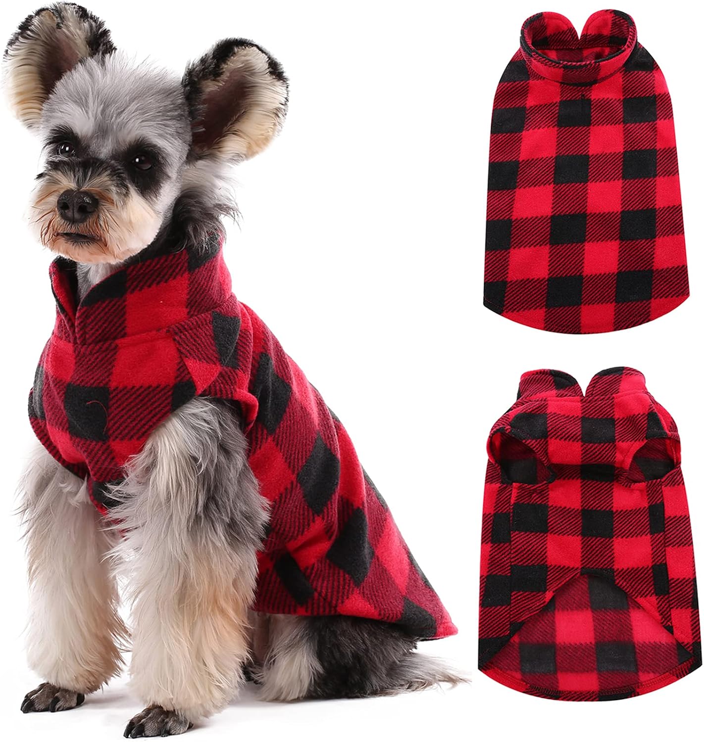 Kuoser Dog Fleece Vest,Warm Plaid Dog Sweater with Leash Hole,Soft Turtleneck Winter Pet Jacket Dogs Coat Pullover Clothes for Small Medium Dogs Cats,Spring Fall Cold Weather Christmas Outfit,Red XS