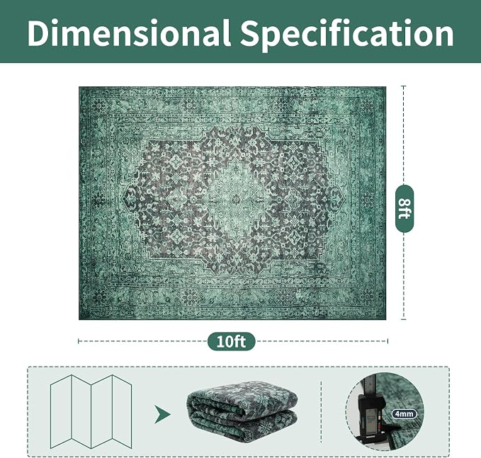 Washable Rugs 8x10 Area Rugs for Living Room- Vintage Green Rugs for Bedroom