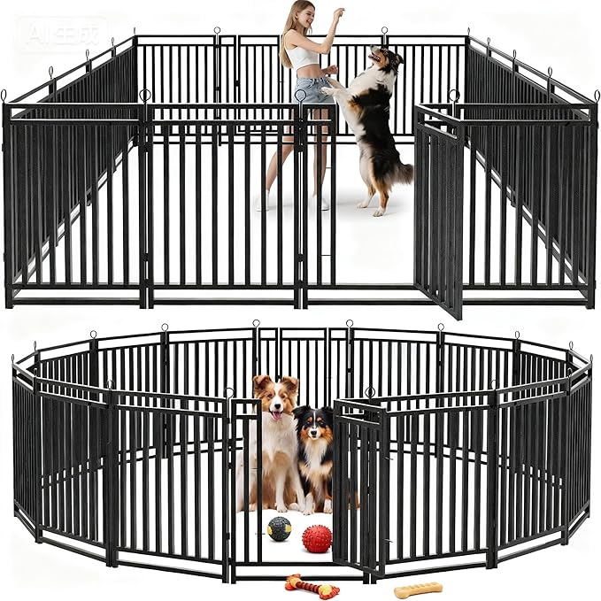 Dog Fence Outdoor Indoor, 47 Inch Height 16 Panels Dog Playpen for Large/Medium/Small Dogs Metal Dog Pen for Yard Camping and RV | Black-Silver