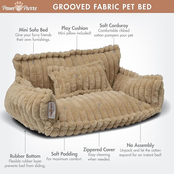 Grooved Pet Bed for Small to Medium Dogs or Cats, Soft Ribbed Corduroy-Style Polyester Fabric, Supportive Bolsters, Removable Cover, Non-Slip Base, Sofa Pet Lounger with Mini Play Cushion, Camel