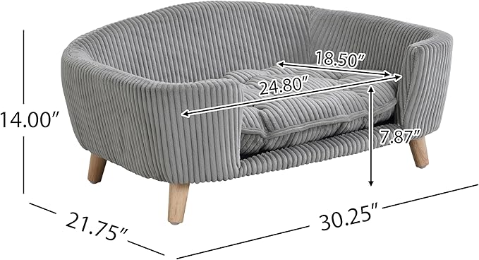 30''inch Bed Frame for Large Dogs, Modern Pet Sofa, Elevated Dog Couch Bed with Wooden Legs, Oval Small Dog Bed, Cozy Tufted Cushion Pet Furniture (Grey)