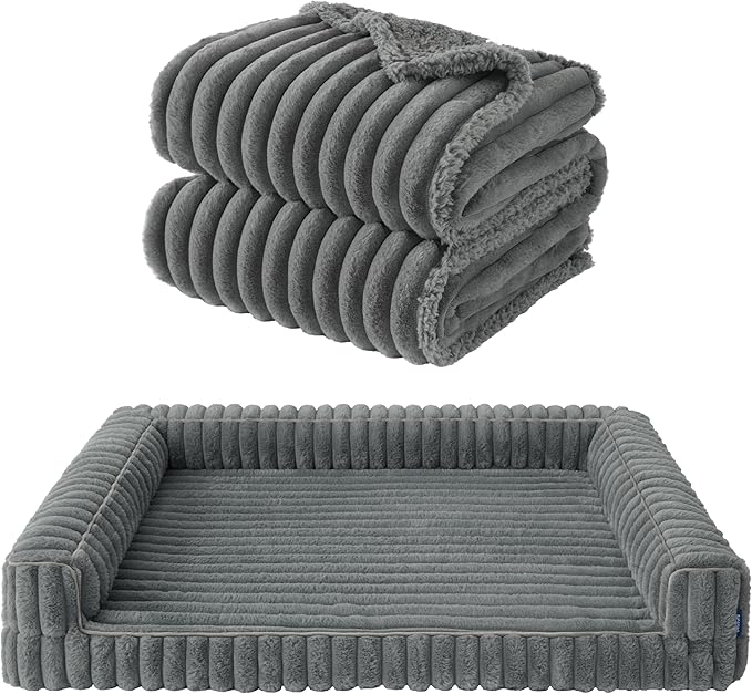 Bedsure ComfyFleece Orthopedic Dog Bed with Waterproof Dog Blanket for Extra Large Dogs, Grey