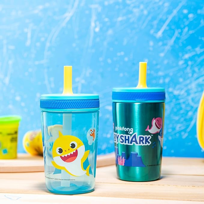 Zak Designs Baby Shark Kelso Tumbler Set, Leak-Proof Screw-On Lid with Straw, Bundle for Kids Includes Plastic and Stainless Steel Cups with Bonus Sipper (3pc Set, Non-BPA)15 fl oz.