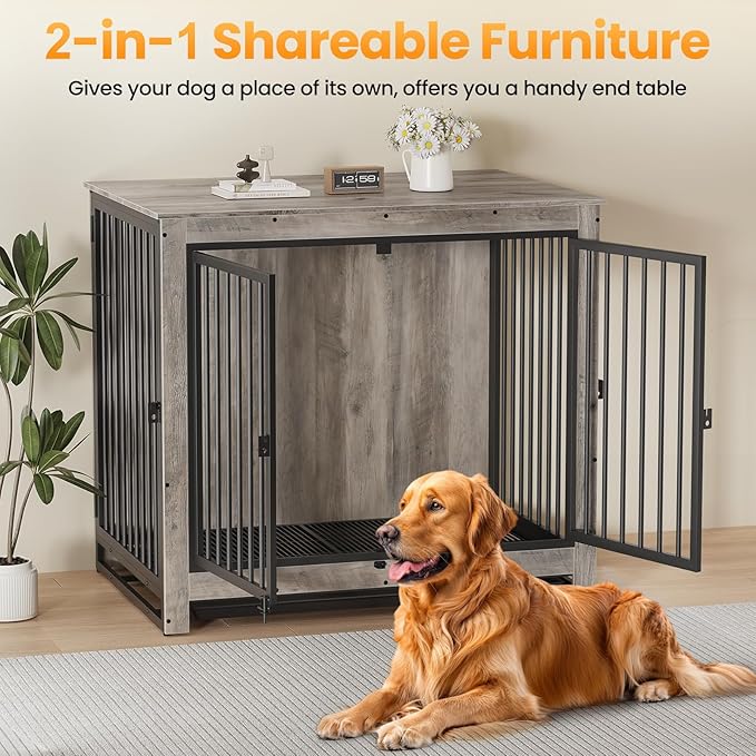 Dog Crate Furniture, 42 Inch Indoor Large Dog Kennel for Medium to Large Dogs Up to 70 LBS, Heavy Duty Wooden Pet Cage End Table with 3 Doors, Alloy Steel Frame & Removable Tray