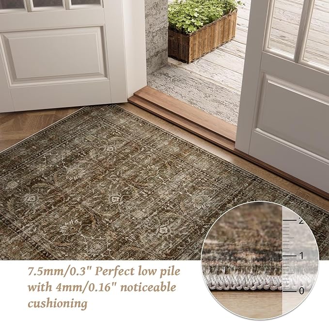 Washable 9x12 Area Rugs for Living Room, Boho Non-Slip Silicone Backing Rugs for Bedroom Dining Room Nursery Office, 0.3" Neutral Oriental Throw Carpet with 0.16" Cushioning Pad, Deep Brown/Multi