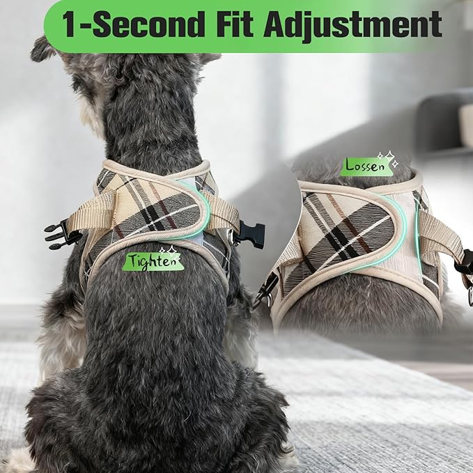 EXPAWLORER Plaid Small Dog Harness and Leash Set with AirTag Holder - No Pull Soft Padded Step in Dog Vest Harness Medium Sized Dog, Reflective Puppy Harness, Collar and Leash for Walking, Khaki S