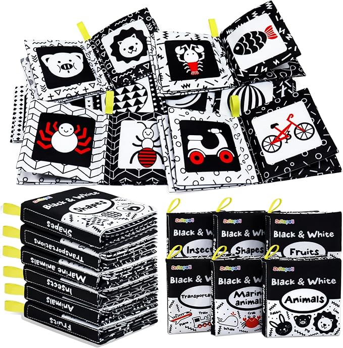 Dr.Rapeti Soft Cloth Books Baby Books Bath Books 6-Pack for Baby Infant Toddler Kids High Contrast Black and White Crinkle Washable Chewable Non-Toxic Early Educational Giftable