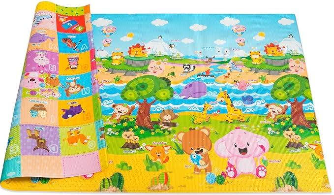 Baby Care Play Mat (Large, Playful - Pinko & Friend) 82'' x 55'' Original One-Piece Reversible Rollable Waterproof Play Mat for Infants, Babies, Toddler, and Kids
