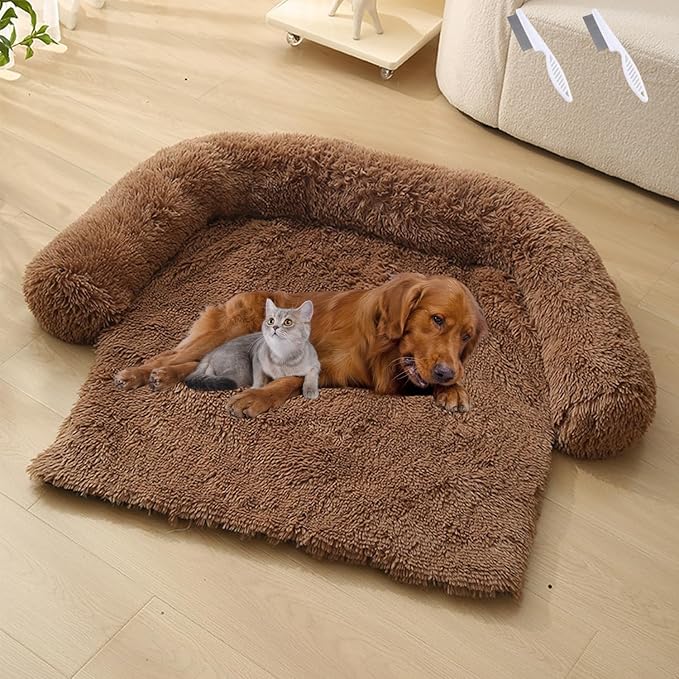 Dream Cloud Pet Sofa Bed for Dogs Cats, 2026 Washable Removable Calming Fluffy Plush Mat for Furniture Protector, Long Fur Non-Slip, for Small/Medium/Large Home Pets (Brown, S：27.6 * 24in)