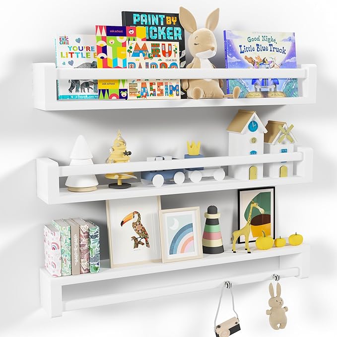 Heimlove Nursery Floating Shelves, White Nursery Book Shelves for Wall, 32 inch Wall Bookshelf for Kids Solid Wood Wall Mounted Shelves for Books,Toys and Decor Storage, Set of 3