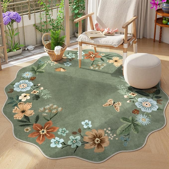 Lahome Floral Washable Round Rugs, Non-Slip Soft Round Rug 4ft Ultra-Thin