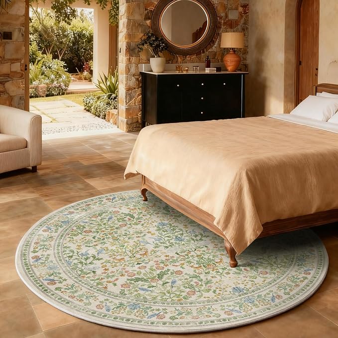 Washable Round Rugs for Bedroom 4ft: Living Room Rug Stain Resistant Non Slip