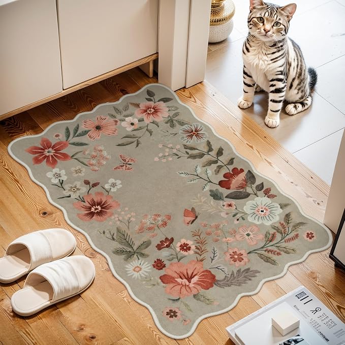 Lahome Floral Washable Kitchen Rug, Ultra-Thin Fall Door Mat, Indoor Entrance