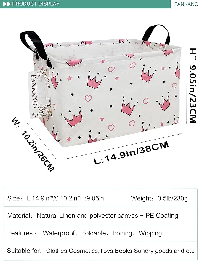 FANKANG Storage Bins, Nursery Hamper Canvas Laundry Basket Foldable with Waterproof PE Coating Large Storage Baskets for Kids Boys and Girls, Office, Bedroom, Clothes,Toys(Rec-pink crowns)