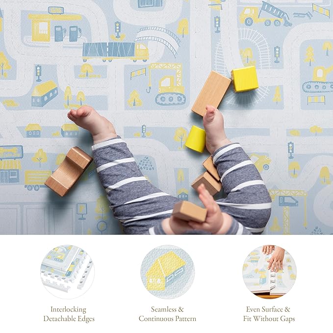 PopsyKosy Premium Baby Foam Play Mats - Stylish Floor & Exercise Puzzle Mat for Toddlers and Kids- 6 Soft, Non-Toxic, Odorless, Peel-Resistant Foam Tiles - 6ft x 4ft- 0.5” inch Thick, Pastel Blue Gray