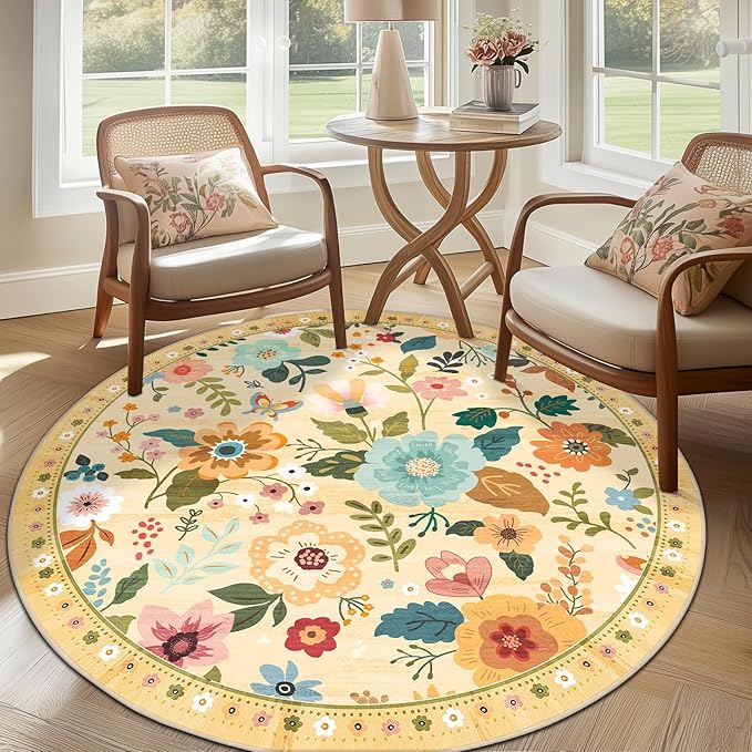 Floral 6ft Area Rug Machine Washable Soft Print Boho Carpet Non Slip Doormat Low Pile Flower Area Rugs for Living Room Bedroom Nursery Kitchen Dining Room Indoor-Ivory/Yellow