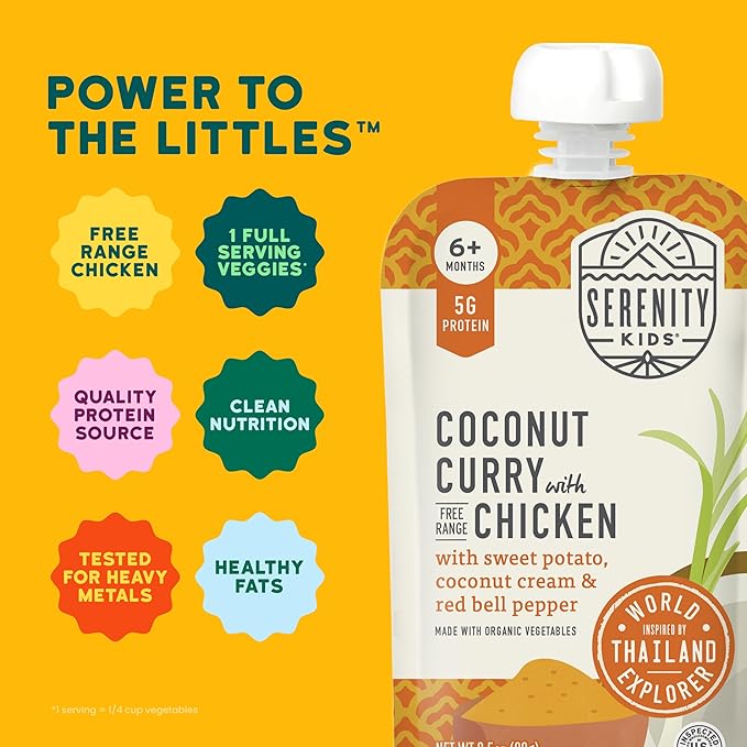 Serenity Kids 6+ Months Baby Food Pouches Chicken Coconut Curry Puree - Ethically Sourced Chicken & Non-GMO Veggies - BPA-Free for Baby Food Pouch - 3.5 Oz, 6 Pack