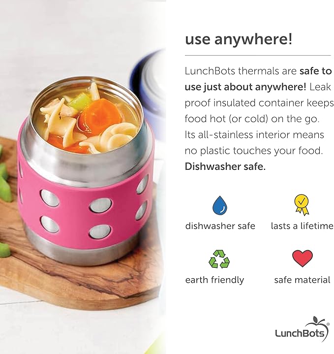 LunchBots Thermal 8 oz Triple Insulated Thermos - Hot 6 Hours or Cold 12 Hours - Leak Proof Thermos Soup Jar - All Stainless Interior - Navy Lid - Pink Dots