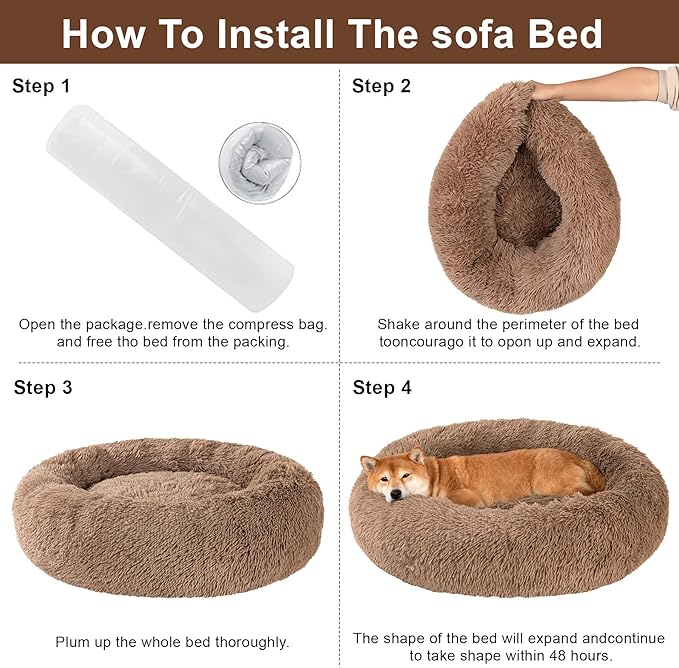 Dog Calming Beds for Small Medium Large Dogs - Round Donut Washable Dog Bed, Anti-Slip Faux Fur Fluffy Donut Cuddler Anxiety Cat Bed(24" Khaki