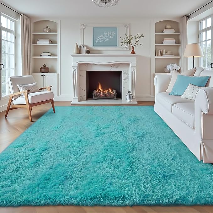 6x9 Area Rug for Living Room: Fluffy Shag Soft Washable Rugs Large Fuzzy Plush Indoor Carpet for Bedroom Nursery Playroom Kids Girls Boys Room (Teal Blue, 6'x9')
