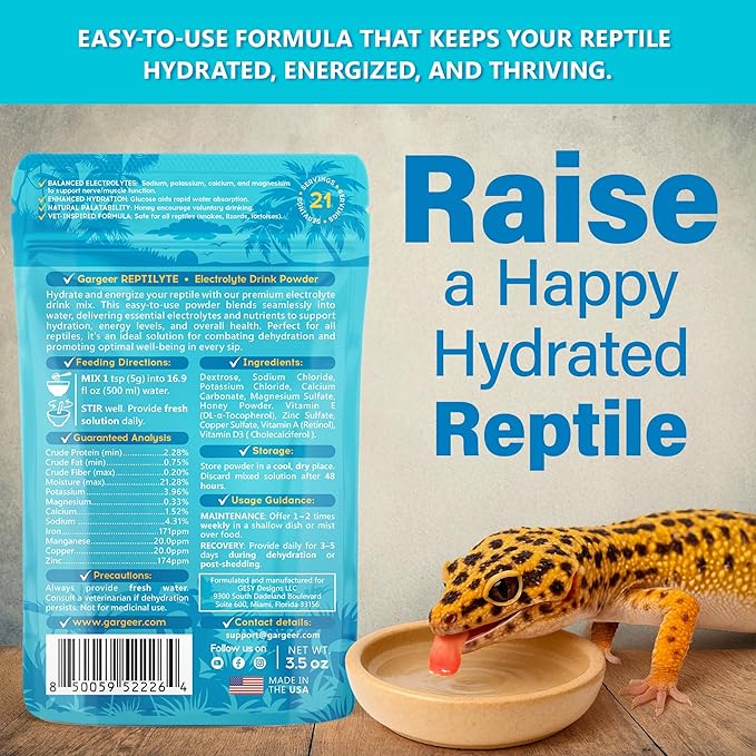 ReptiLyte Premium Electrolyte Drink Supplement for Reptiles | Daily Hydration & Wellness Support | Bearded Dragons, Geckos, Lizards, Tortoises, Snakes | 3.5oz | Made in USA. Enjoy!