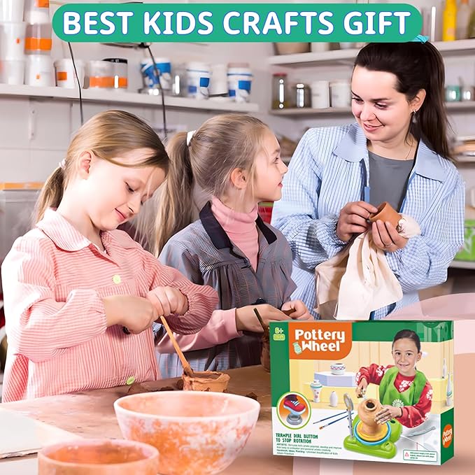 Pottery Wheel for Kids - Complete Pottery Painting Kit Arts and Crafts for Kids Ages 8-12 with 3 Pack Air Dry Clay Art Supplies Toys for Girls Boy Birthday Gift for 6 7 8 9 10 11 12+
