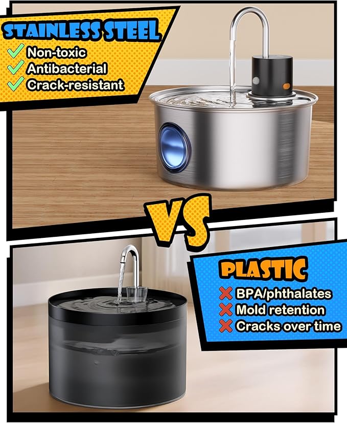 Wireless Cat Water Fountain Stainless Steel, Cordless Automatic Pet Water Dispenser for Cats Indoor, Small Dogs, 108oz/3.2L Rechargeable Pet Drinking Fountain with Motion Sensor
