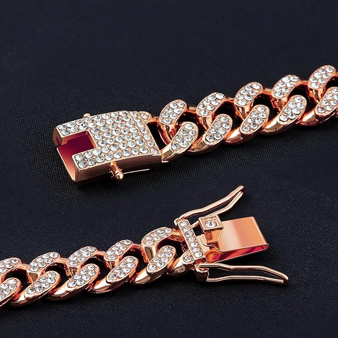 Dog Collar Cuban Link Rose Glod Crystal Dog Necklace Metal Chain Collar with Design Secure Buckle Pet Collar Jewelry Accessories for Small Medium Large Dogs Cats(Rose Glod 8inch)