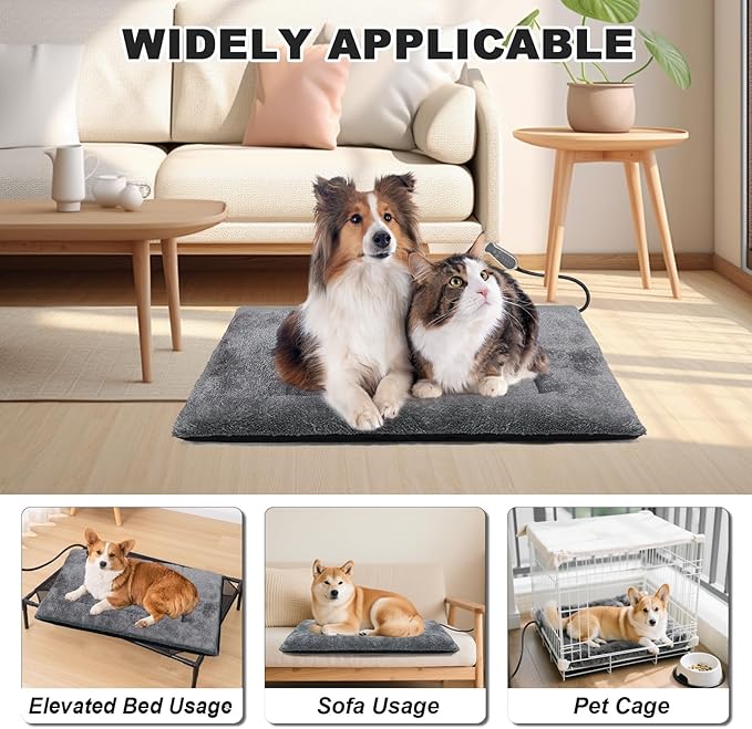 Bestio Heated Dog Bed 32×20x2 in,MET&UL Dual Certified Heated Cat Beds for Indoor Cats and Small Dogs, Heated Pet Bed with Timer & Temp Adjustable, Removable Waterproof Electric Warming Bed