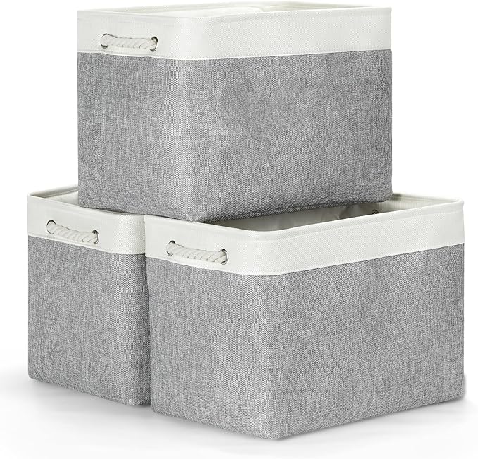 Bidtakay Large Storage Baskets for Organizing 3-Pack Fabric Closet Organizers Storage Bins with Handles 16x11.8x11.8 In Collapsible Baskets for Shelves Cloth Home Organization L-White&Grey