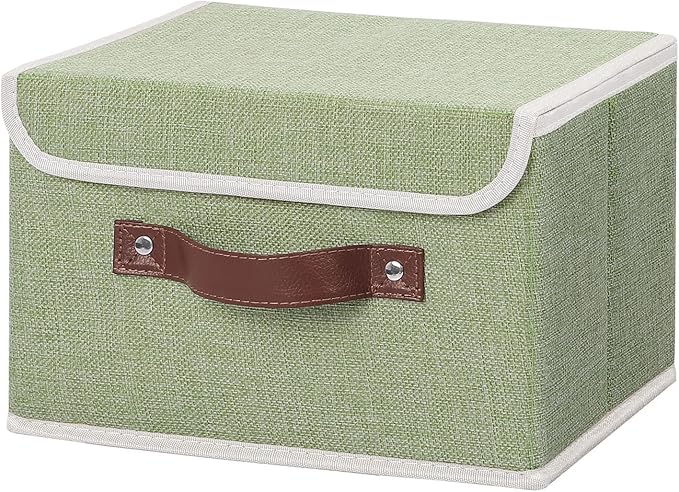 ANMINY Storage Bin with Lid Storage Boxes with PU Leather Handles PP Plastic Board Decorative Foldable Lidded Cotton Linen Fabric Home Cubes Baskets Closet Organizer Container - Green, Small Size