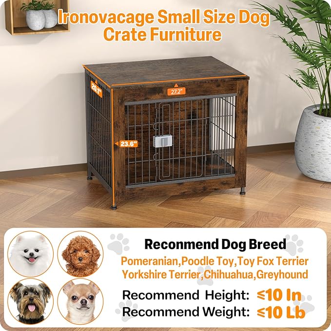 Furniture Style Dog Crate, 27" Wooden Dog Kennel End Table with Solid Top, Indoor Pet Crate House with Secure Slide Lock, Modern Dog Cage Furniture for Small & Medium Dogs