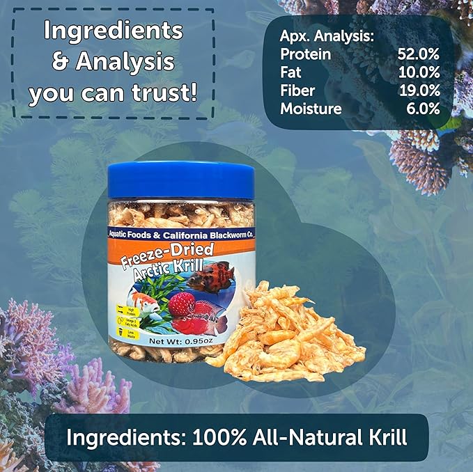 Aquatic Foods Inc. Arctic Krill, Freeze Dried Krill, High in Natural Color Enhancing for Large Cichlids, Tropical Fish, Koi, Turtles, 12-Type Pellet Mix & 4-Type Wafer Mix Included 0.95oz Canister