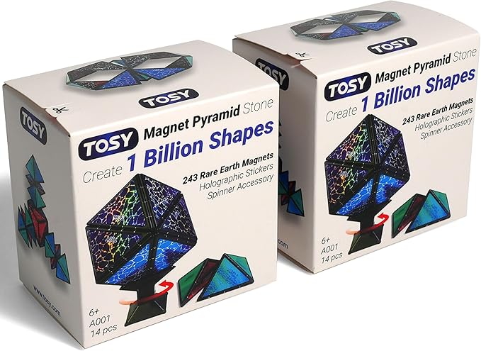 TOSY Magnet Pyramid Stone - 1 Cube Transforms into 1 Billion Shapes, 14 pcs (12 Puzzle pcs and 2 Accessories), 243 Rare Earth Magnets, Holographic Design Magnet Tiles Creative Puzzle STEM Toy, 2-Pack